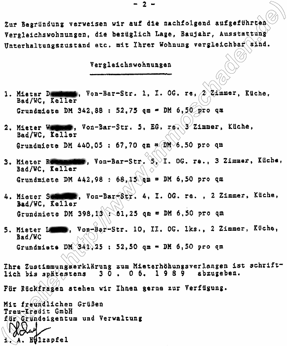 Treu-Kredit Hamburg Schreiben vom 14.4.1989 Mieterhöhungsverlangen Seite 2