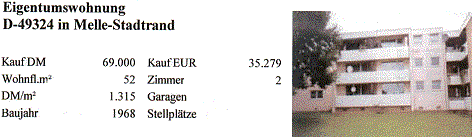 Eigentumswohnung D-49324 in Melle Stadtrand Kauf DM = 69.000, Kauf EUR = 35.279,  Wohnfläche qm = 52, DM/qm = 1.315, Baujahr = 1968, Zimmer = 2