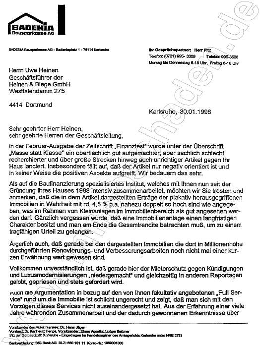 Reaktion der Badenia zum Finanztest Artikel 02/1998, Seite 1