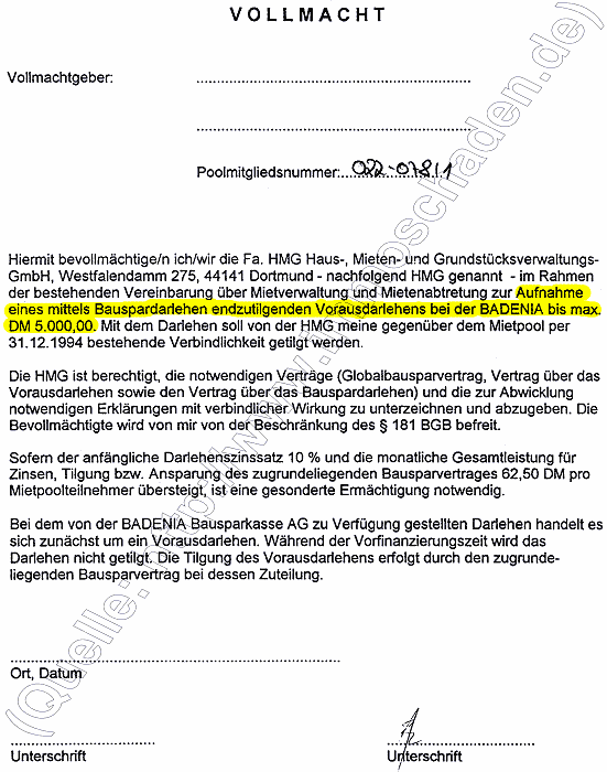 Vollmacht aus schreiben der HMG an den Mietpool Melle in Feburar 1995: Zinsverbesserung!