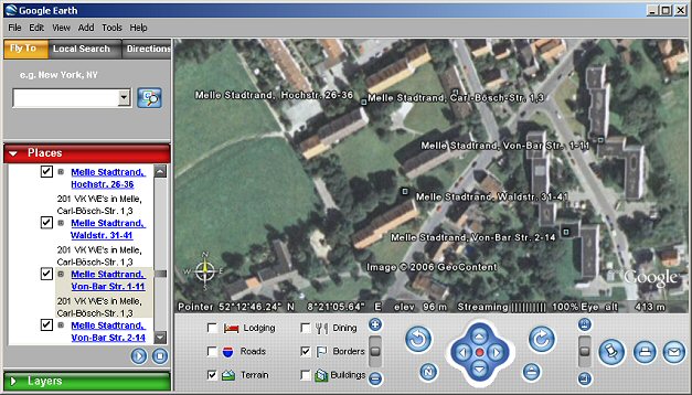 Screenshot: Google Earth mit sicht auf Heinen & Biege Verkaufswohnungen in Melle Stadtrand aus 413 Meter Höhe: Carl-Bösch-Str. 1,3, Hochstr. 26,28,30,32,34,36, Waldstr. 31,33,35,37,39,41, Von-Bar-Str. 1-11, 2-14 