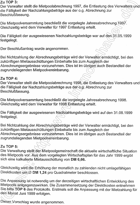 HMG Protokoll über die Mietpoolversammlung vom 14.06.1999, Seite 2