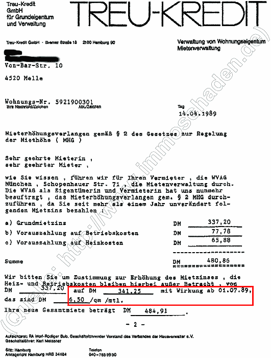 Treu-Kredit Hamburg Schreiben vom 14.4.1989 Mieterhöhungsverlangen Seite 1